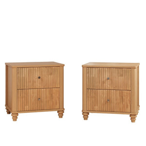 English Elm Fluted 3-Drawer Nightstand Set of Two Oak Finish Mid-Century Bedroom Side Tables W5819P491375