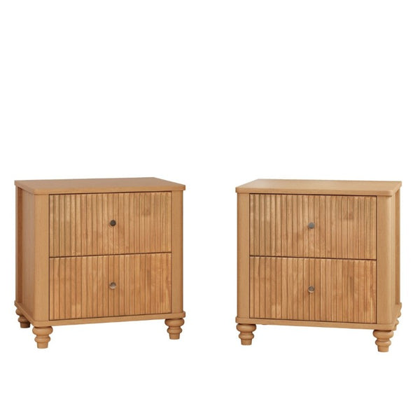 English Elm Fluted 3-Drawer Nightstand Set of Two Oak Finish Mid-Century Bedroom Side Tables W5819P491375
