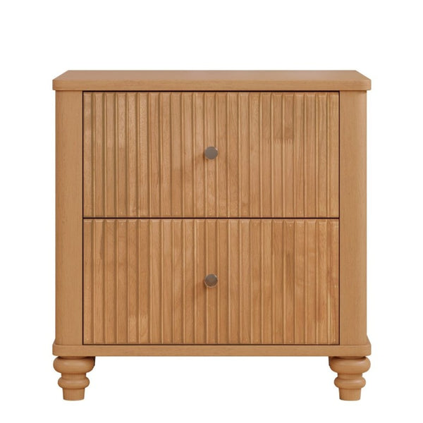 English Elm Fluted 3-Drawer Nightstand Set of Two Oak Finish Mid-Century Bedroom Side Tables W5819P491375