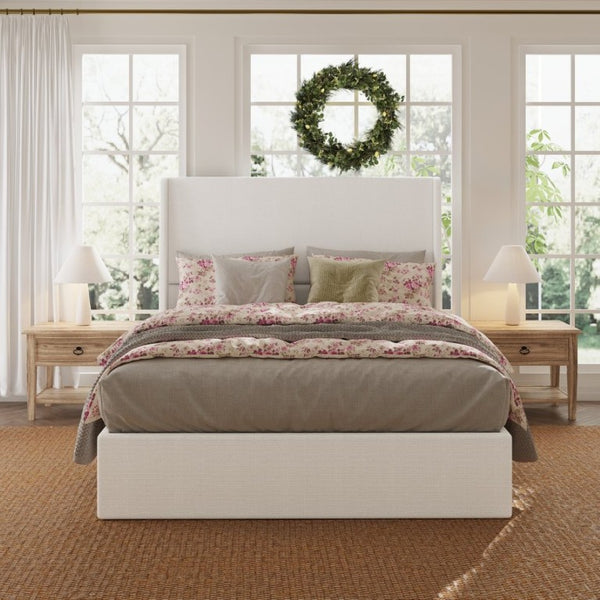 English Elm High Headboard Queen Bed Chenille Upholstered Frame with 12 Slat Wooden Support W5819P492590