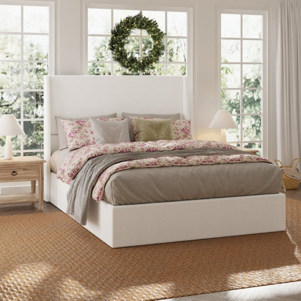 English Elm High Headboard Queen Bed Chenille Upholstered Frame with 12 Slat Wooden Support W5819P492590