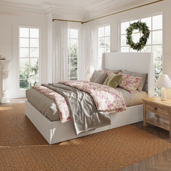 English Elm High Headboard Queen Bed Chenille Upholstered Frame with 12 Slat Wooden Support W5819P492590