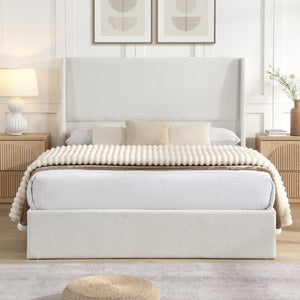 English Elm High Headboard Queen Bed Chenille Upholstered Frame with 12 Slat Wooden Support W5819P492590