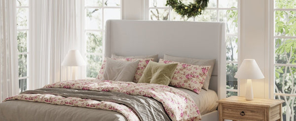 English Elm High Headboard Queen Bed Chenille Upholstered Frame with 12 Slat Wooden Support W5819P492590