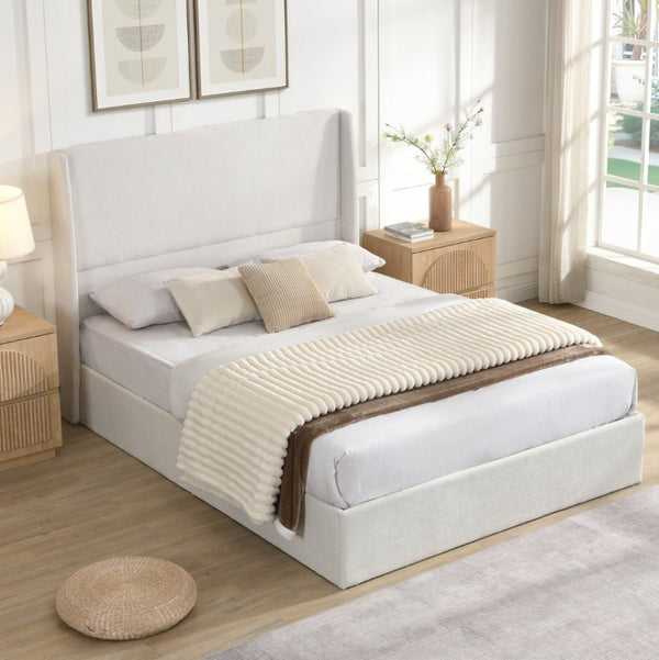 English Elm High Headboard Queen Bed Chenille Upholstered Frame with 12 Slat Wooden Support W5819P492590