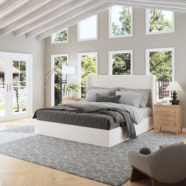 English Elm High Headboard Chenille Upholstered King Platform Bed with Sturdy Wooden Slat Foundation W5819P492591
