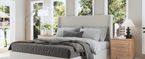English Elm High Headboard Chenille Upholstered King Platform Bed with Sturdy Wooden Slat Foundation W5819P492591