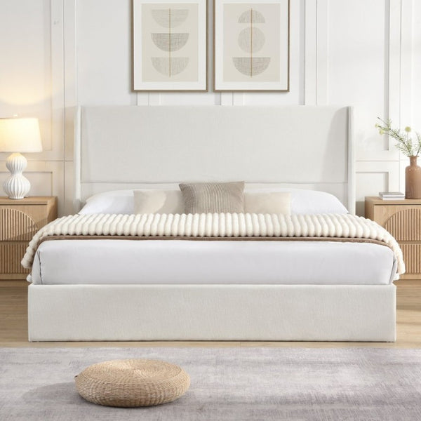 English Elm High Headboard Chenille Upholstered King Platform Bed with Sturdy Wooden Slat Foundation W5819P492591
