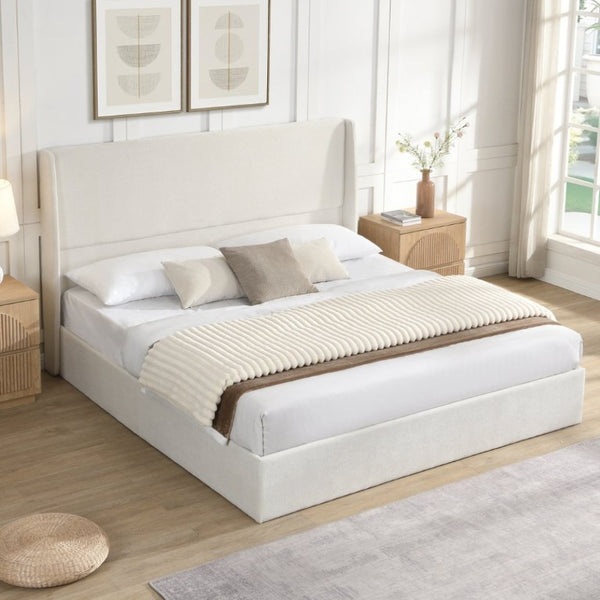 English Elm High Headboard Chenille Upholstered King Platform Bed with Sturdy Wooden Slat Foundation W5819P492591