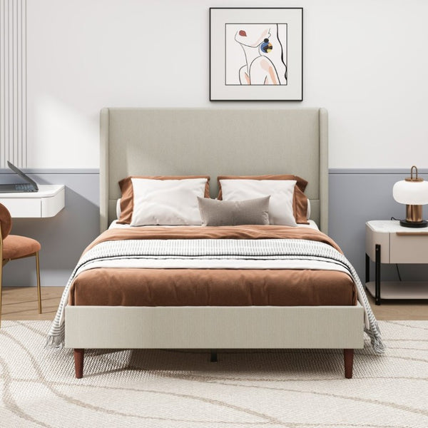 English Elm High Headboard Queen Bed Frame Beige Linen Upholstered with 12 Slat Wood Support W5819P492592