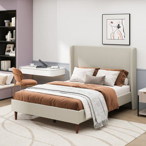 English Elm High Headboard Queen Bed Frame Beige Linen Upholstered with 12 Slat Wood Support W5819P492592