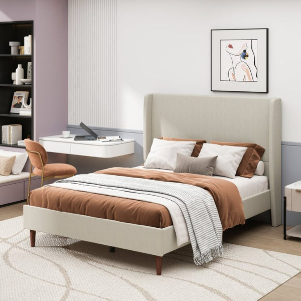 English Elm High Headboard Queen Bed Frame Beige Linen Upholstered with 12 Slat Wood Support W5819P492592