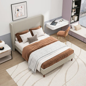 English Elm High Headboard Queen Bed Frame Beige Linen Upholstered with 12 Slat Wood Support W5819P492592