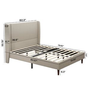 English Elm High Headboard Queen Bed Frame Beige Linen Upholstered with 12 Slat Wood Support W5819P492592
