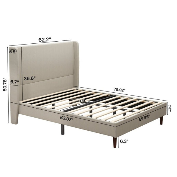 English Elm High Headboard Queen Bed Frame Beige Linen Upholstered with 12 Slat Wood Support W5819P492592