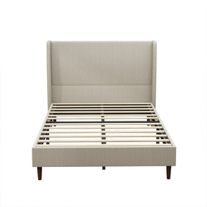 English Elm High Headboard Queen Bed Frame Beige Linen Upholstered with 12 Slat Wood Support W5819P492592