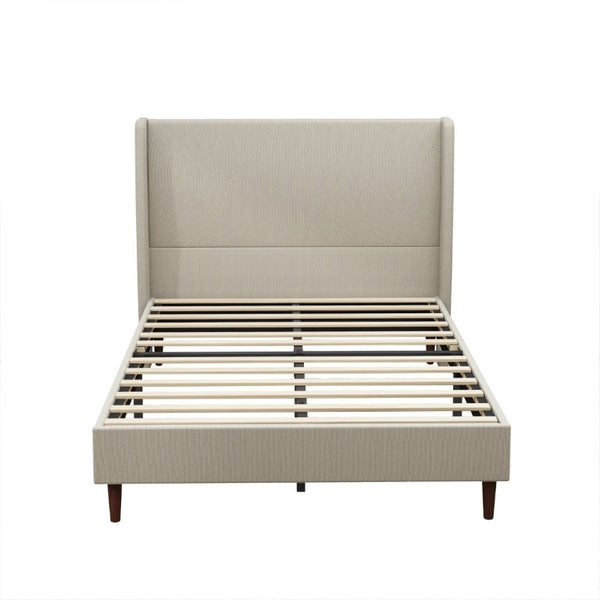 English Elm High Headboard Queen Bed Frame Beige Linen Upholstered with 12 Slat Wood Support W5819P492592