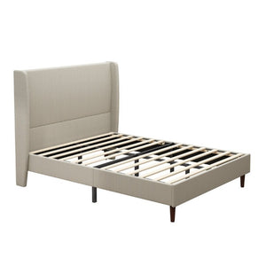 English Elm High Headboard Queen Bed Frame Beige Linen Upholstered with 12 Slat Wood Support W5819P492592