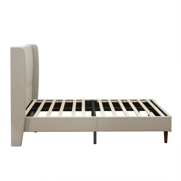 English Elm High Headboard Queen Bed Frame Beige Linen Upholstered with 12 Slat Wood Support W5819P492592