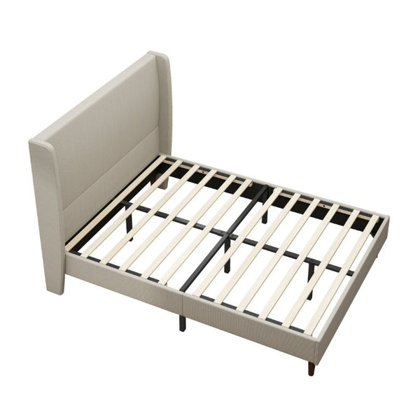 English Elm High Headboard Queen Bed Frame Beige Linen Upholstered with 12 Slat Wood Support W5819P492592