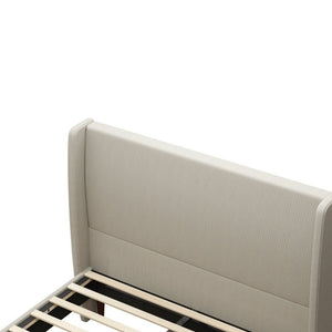 English Elm High Headboard Queen Bed Frame Beige Linen Upholstered with 12 Slat Wood Support W5819P492592