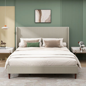 English Elm High Upholstered King Bed Linen Beige Headboard Solid Wood Slat Frame Bedroom W5819P492593