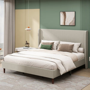 English Elm High Upholstered King Bed Linen Beige Headboard Solid Wood Slat Frame Bedroom W5819P492593