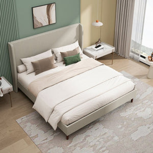 English Elm High Upholstered King Bed Linen Beige Headboard Solid Wood Slat Frame Bedroom W5819P492593
