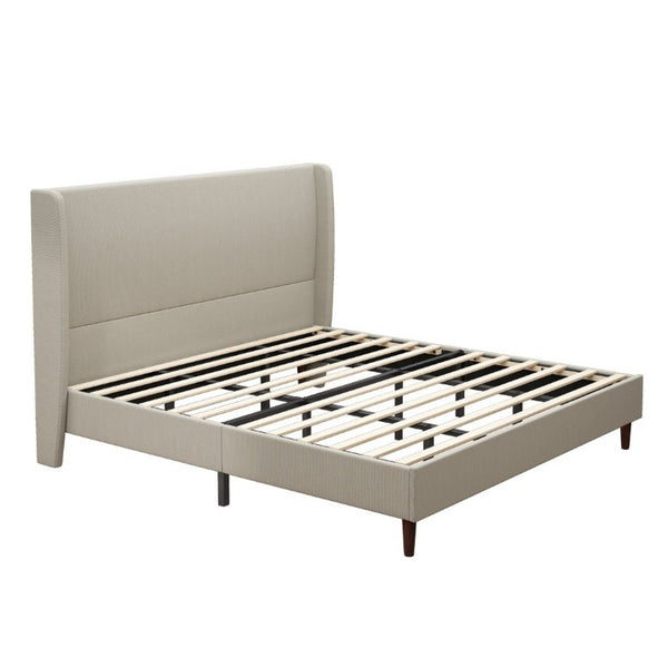 English Elm High Upholstered King Bed Linen Beige Headboard Solid Wood Slat Frame Bedroom W5819P492593