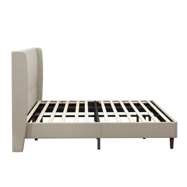 English Elm High Upholstered King Bed Linen Beige Headboard Solid Wood Slat Frame Bedroom W5819P492593