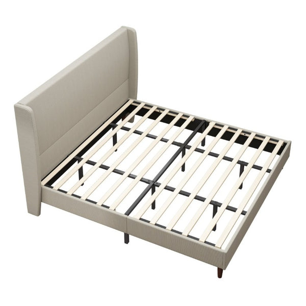English Elm High Upholstered King Bed Linen Beige Headboard Solid Wood Slat Frame Bedroom W5819P492593