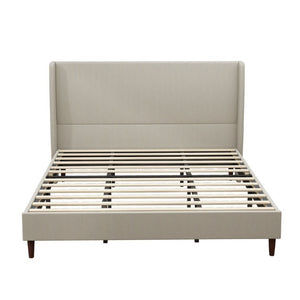 English Elm High Upholstered King Bed Linen Beige Headboard Solid Wood Slat Frame Bedroom W5819P492593