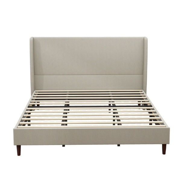 English Elm High Upholstered King Bed Linen Beige Headboard Solid Wood Slat Frame Bedroom W5819P492593