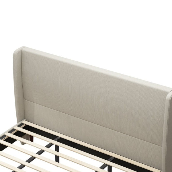 English Elm High Upholstered King Bed Linen Beige Headboard Solid Wood Slat Frame Bedroom W5819P492593