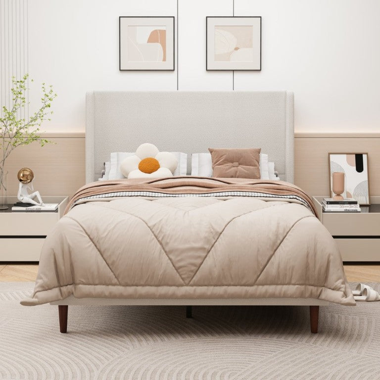 English Elm High Headboard Queen Bed Chenille Upholstered Frame with 12 Slats No Box Spring W5819P492595