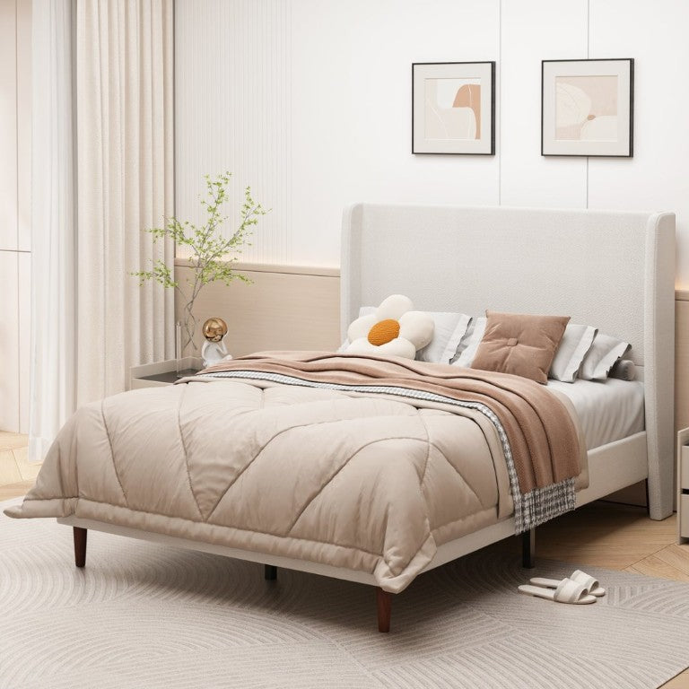 English Elm High Headboard Queen Bed Chenille Upholstered Frame with 12 Slats No Box Spring W5819P492595