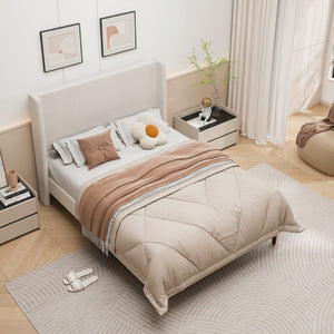 English Elm High Headboard Queen Bed Chenille Upholstered Frame with 12 Slats No Box Spring W5819P492595