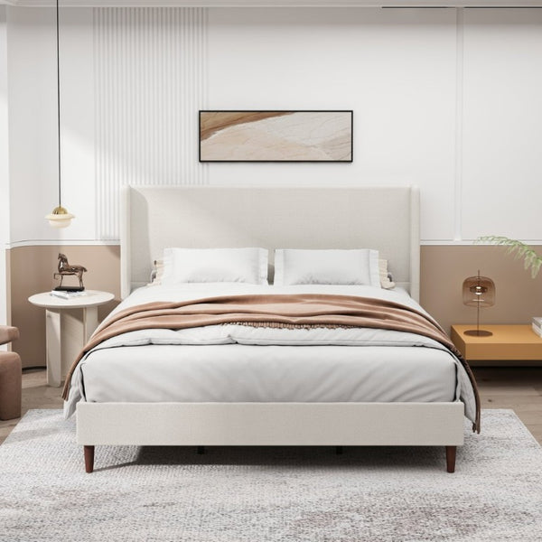 English Elm High Headboard King Bed Chenille Upholstered Frame with Solid Wood Legs No Box Spring W5819P492598