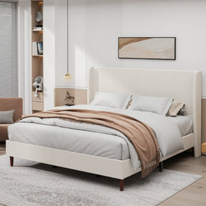 English Elm High Headboard King Bed Chenille Upholstered Frame with Solid Wood Legs No Box Spring W5819P492598