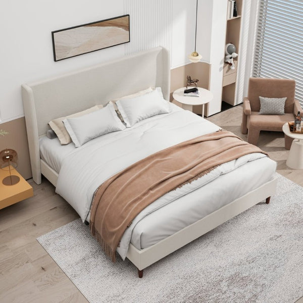 English Elm High Headboard King Bed Chenille Upholstered Frame with Solid Wood Legs No Box Spring W5819P492598