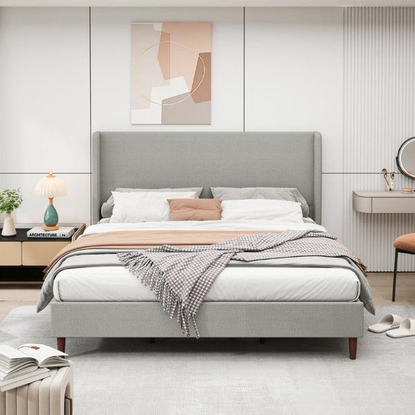 English Elm High Headboard King Bed Upholstered in Soft Chenille for Minimalist Bedroom Elegance Light Gray W5819P492601