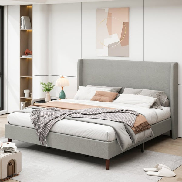 English Elm High Headboard King Bed Upholstered in Soft Chenille for Minimalist Bedroom Elegance Light Gray W5819P492601