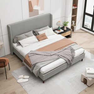 English Elm High Headboard King Bed Upholstered in Soft Chenille for Minimalist Bedroom Elegance Light Gray W5819P492601