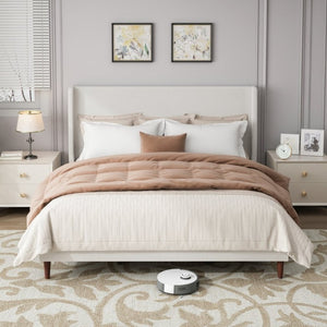 English Elm High Headboard King Bed Upholstered in Soft Chenille for Minimalist Bedroom Elegance Ivory White W5819P492605