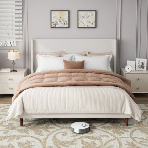 English Elm High Headboard King Bed Upholstered in Soft Chenille for Minimalist Bedroom Elegance Ivory White W5819P492605