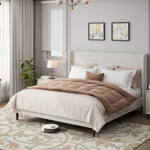 English Elm High Headboard King Bed Upholstered in Soft Chenille for Minimalist Bedroom Elegance Ivory White W5819P492605