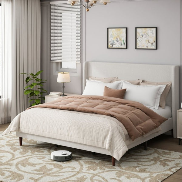 English Elm High Headboard King Bed Upholstered in Soft Chenille for Minimalist Bedroom Elegance Ivory White W5819P492605