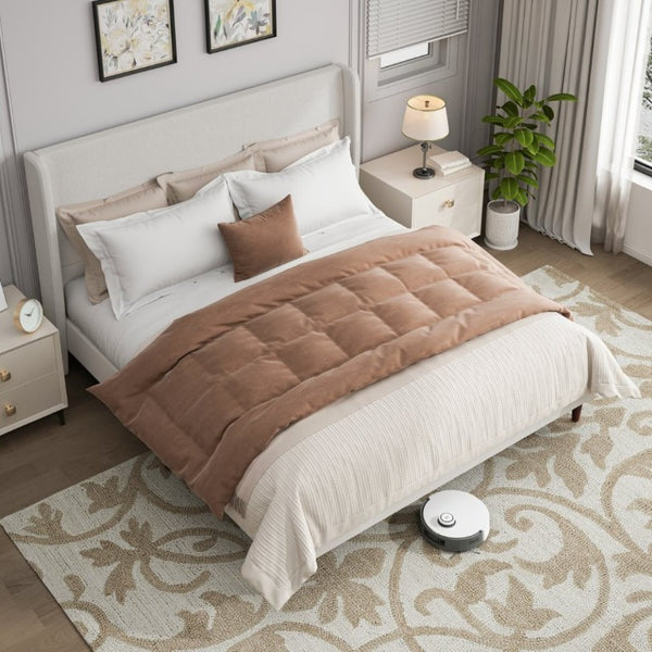 English Elm High Headboard King Bed Upholstered in Soft Chenille for Minimalist Bedroom Elegance Ivory White W5819P492605