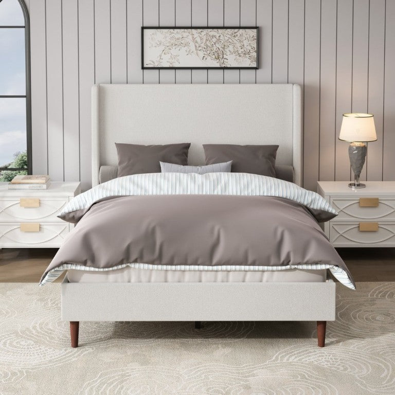 English Elm High Headboard Queen Bed Ivory Chenille Upholstered Frame with Solid Wood Slat Support W5819P494207