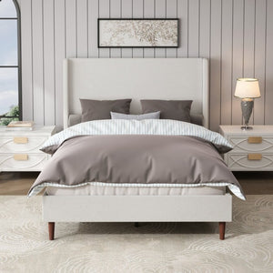 English Elm High Headboard Queen Bed Ivory Chenille Upholstered Frame with Solid Wood Slat Support W5819P494207